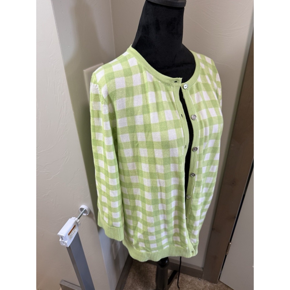Christopher & Banks Lime Green Gingham Button Cardigan Sweater Women's L Spring - Picture 3 of 7